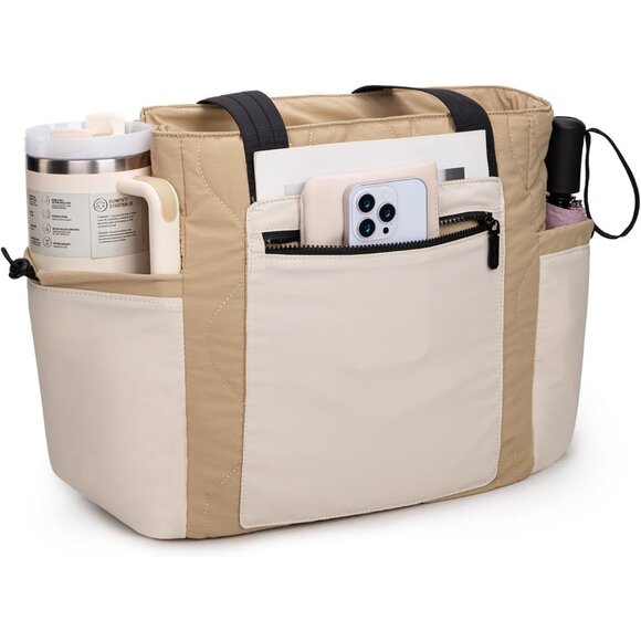 Cream Khaki Lightweight Puffer Tote Bag for Women with Laptop Compartment - Picture 5 of 7